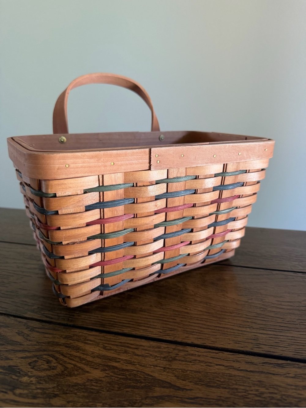 Vintage Woven Wood Market Basket Hanging Handle Rustic Primitive Farmhouse Deco - Picture 3 of 11